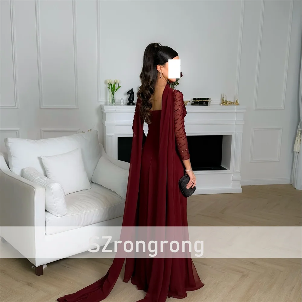 قارب طوق الشيفون مطوي غمد ثوب مسائي عارية الذراعين الطابق طول مطرز فستان عربي سعودي مع كم طويل مخصص