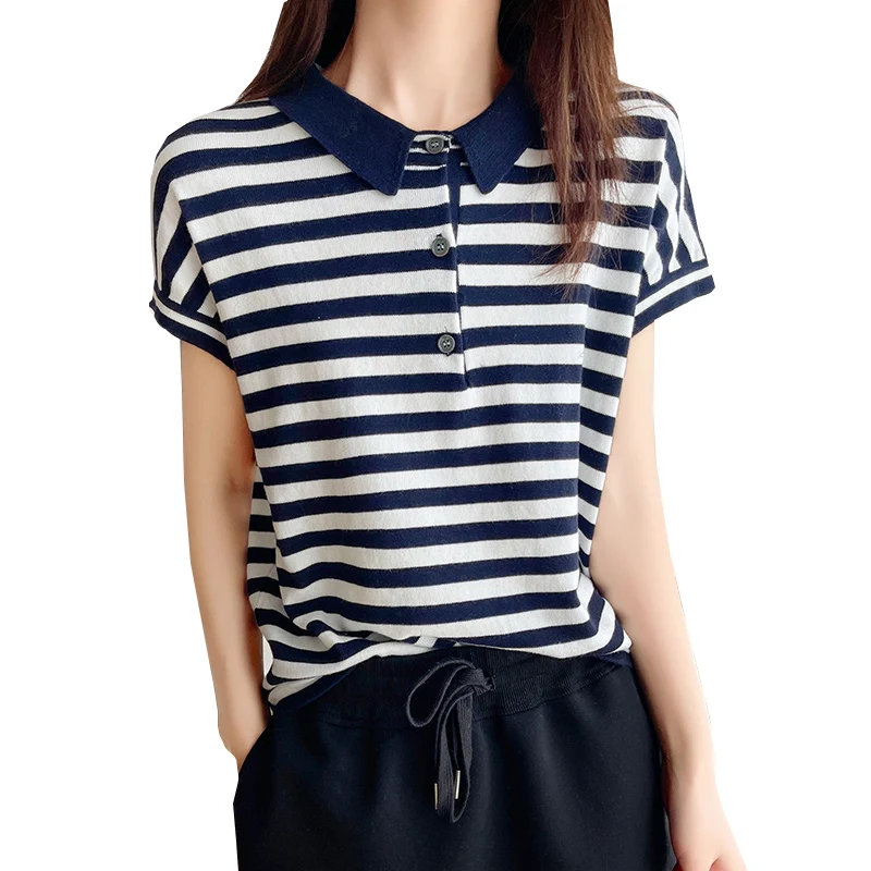 Pure Cotton Striped T-Shirt For Women Summer Thin Casual Versatile Loose Fit Wi… - Image 6