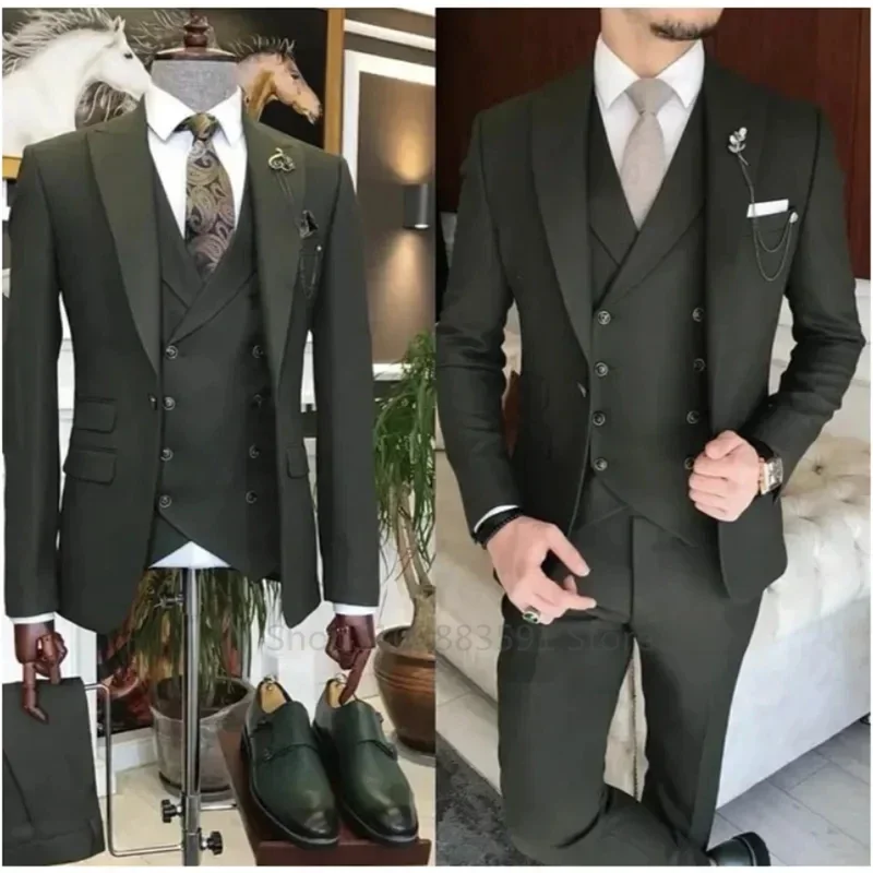 3 Pieces New Business Khaki Formal Men\'s Slim Fit Suits Wedding Groom Prom Terno Masculino Custom Blazer Jacket Vest Pant Sets