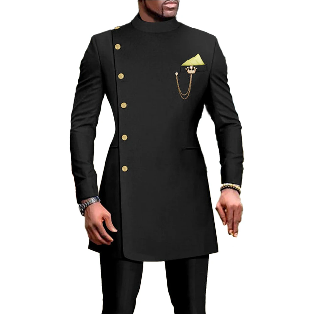 Black Men\'s Suits Wedding Tuxedo 2 Piece Double Breasted Jacket Pants Formal Groom Blazer African Style Suit for Men