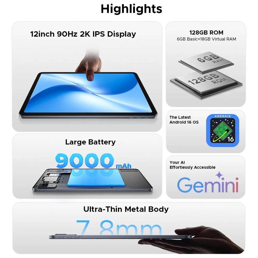 Global Version DOOGEE U12 Tablet PC Android 16 Gemini AI 12'' FHD+ Screen 24GB RAM 128GB 9000mAh Large Battery Smart Pad
