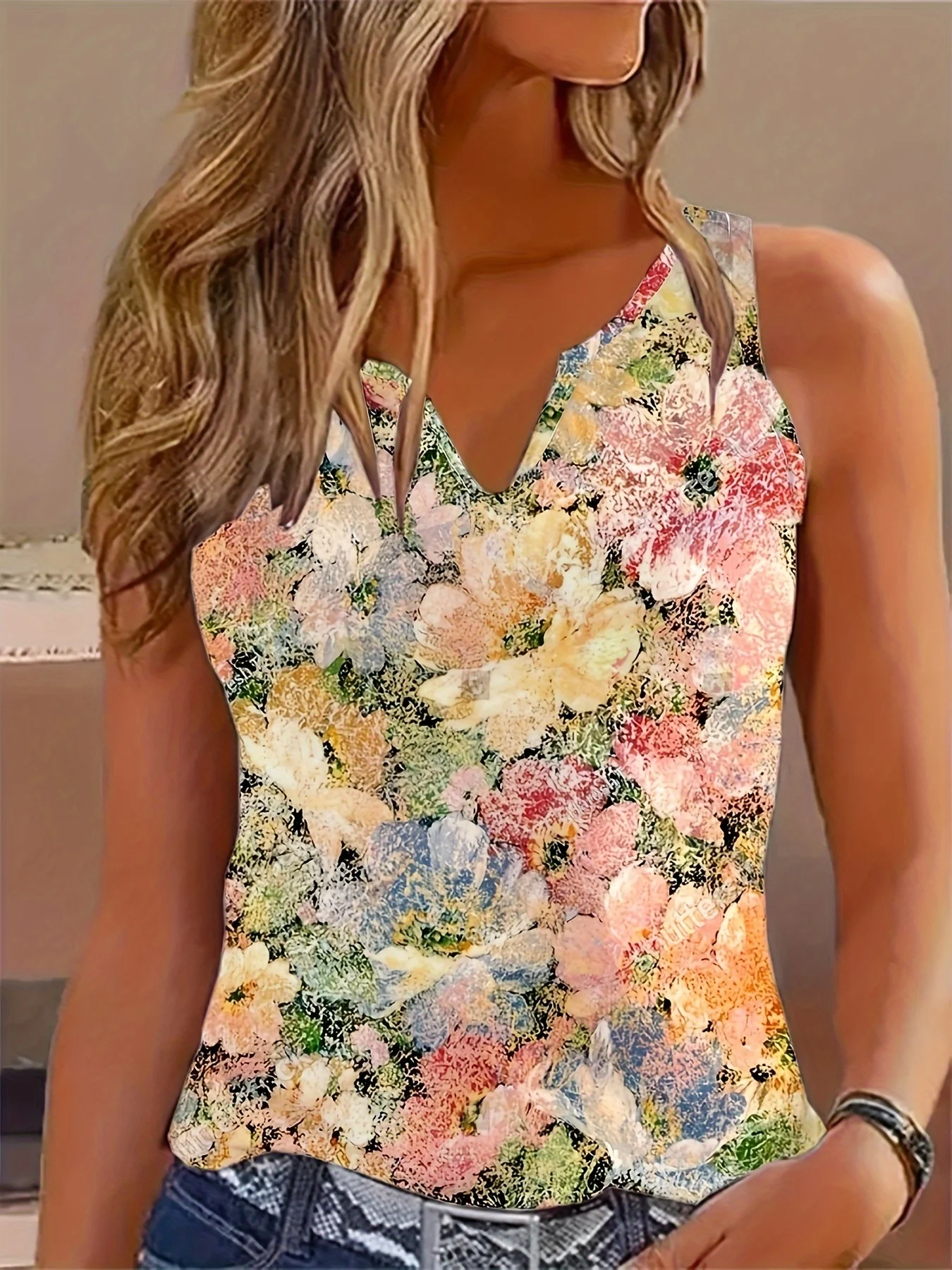 Elegant Street Clothing Fashionable Daily Comfortable Women\'s  Sleeveless Casual Tank Top Art Flower Pattern Printed Top