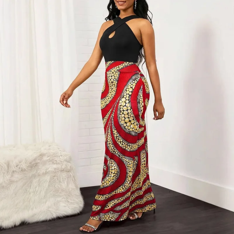 

New Spring/Summer Sleeveless Color Blocked Ethnic Long Skirt Women'S Hanging Neck Dress