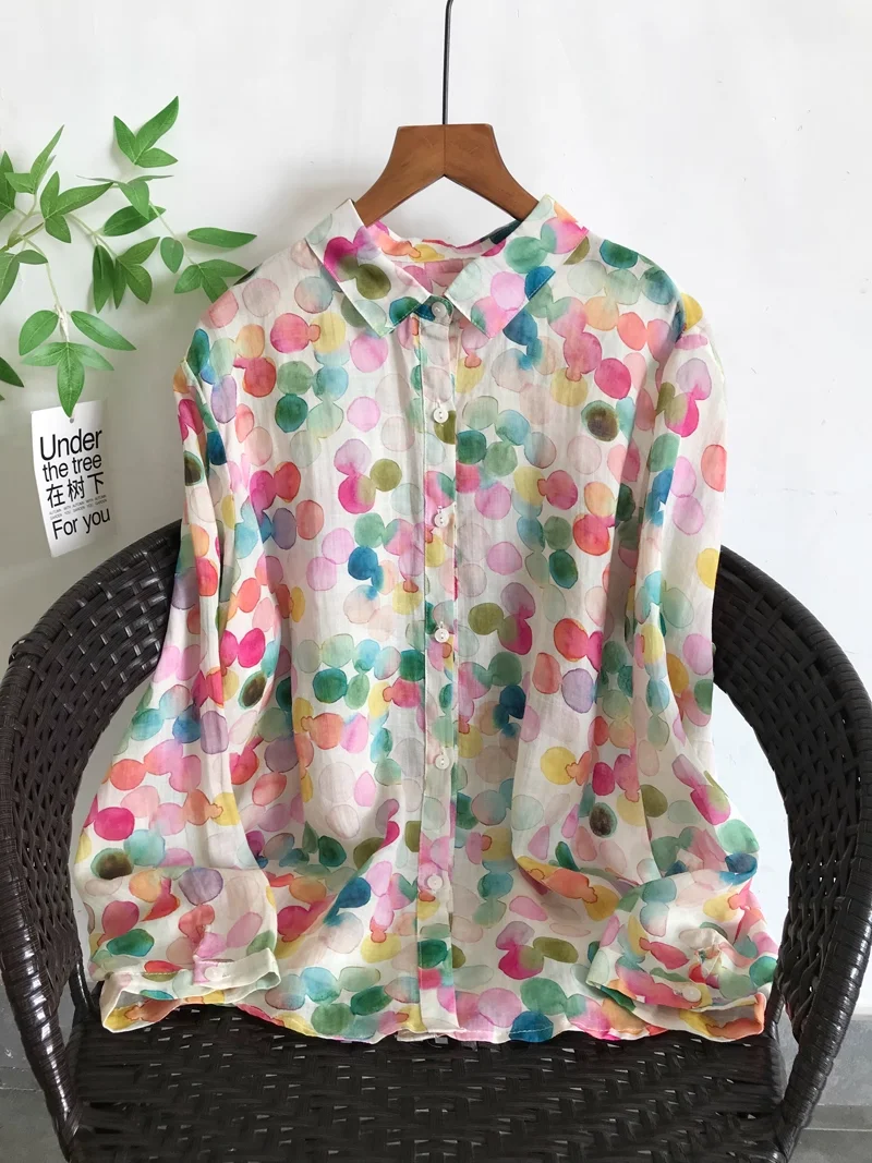 

Enianechu, 100% чистый льняной рами, рубашки с принтом в горошек, красочная женская блузка в радужную горошек, дышащие топы с длинными рукавами