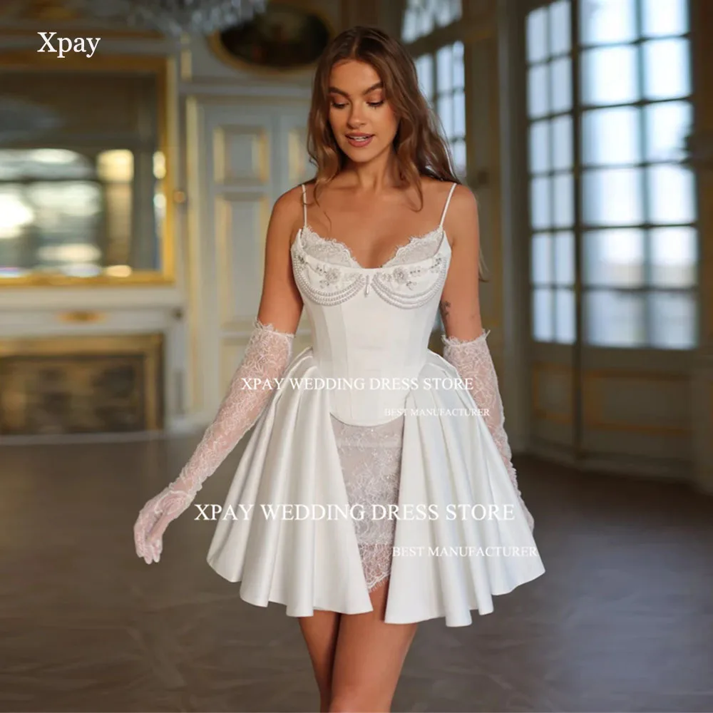 Xpay querida curto uma linha vestidos de casamento luvas longas cintas de espaguete contas vestido de noiva personalizado acima do joelho vestido de noiva