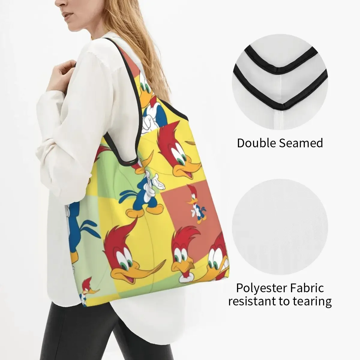 Custom Cartoon Woody Woodpecker Animation Grocery Shopping Bag Funny Shopper Shoulder Tote Bags Big Capacity Portable Handbag