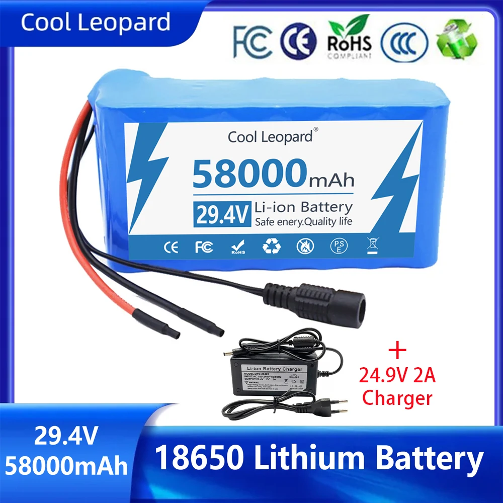 

29.4V 18650 Battery Pack 7S2P 58000mAh Rechargeable Lithium Battery Electric Bicycle Moped Toy High Capacity Batteries+Charger