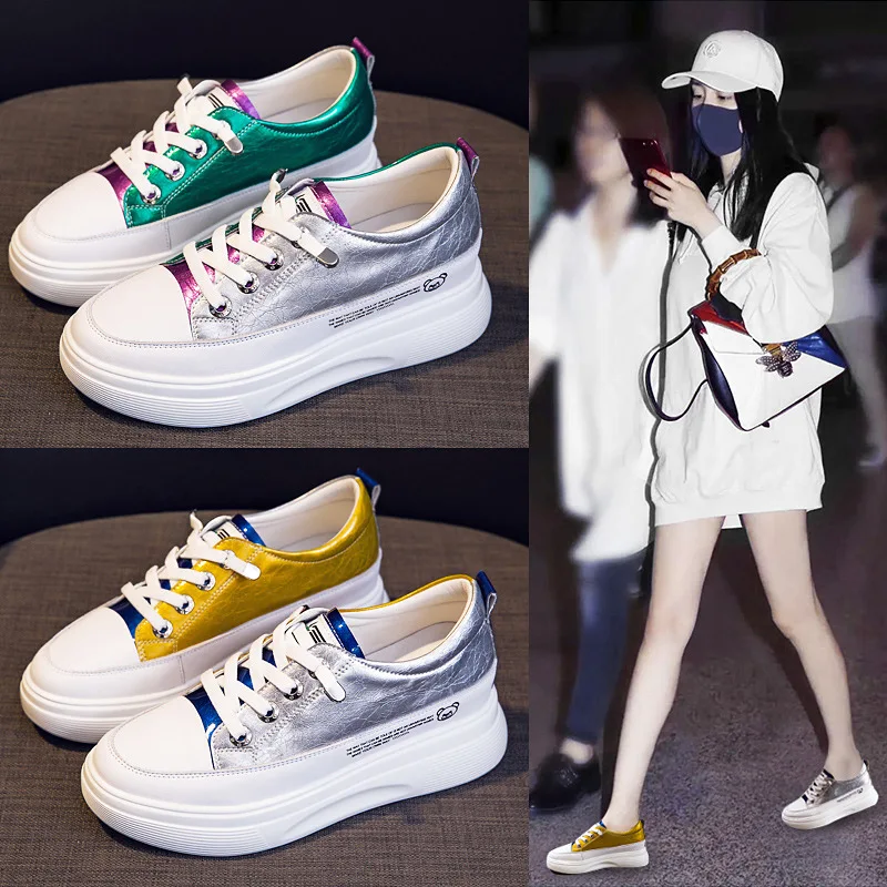 

Women's Inner Height Increase White Shoes Spring Thick Soled Sponge Cake Shoes Genuine Leather Sports Leisure Women's Shoes