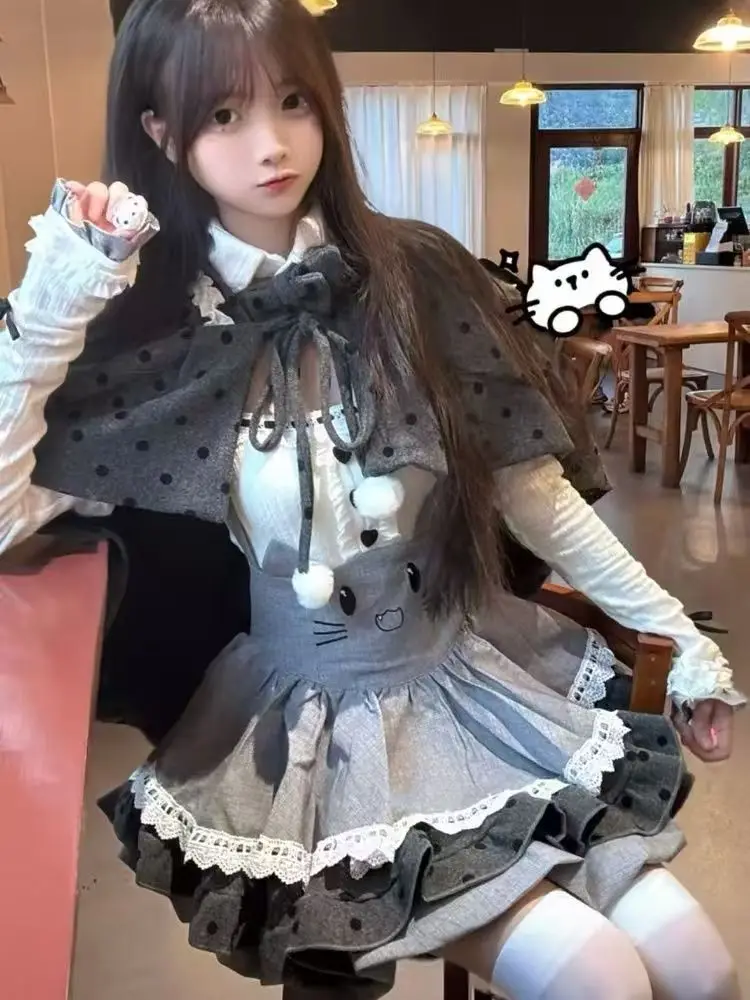 الحلو فتاة الشتاء عباءة مقوس دانتيل اليابانية موضة تنورة دعوى 2026 جديد Kawaii لوليتا القط الأذن الزي مجموعة المرأة مقنعين الرأس مجموعة #5