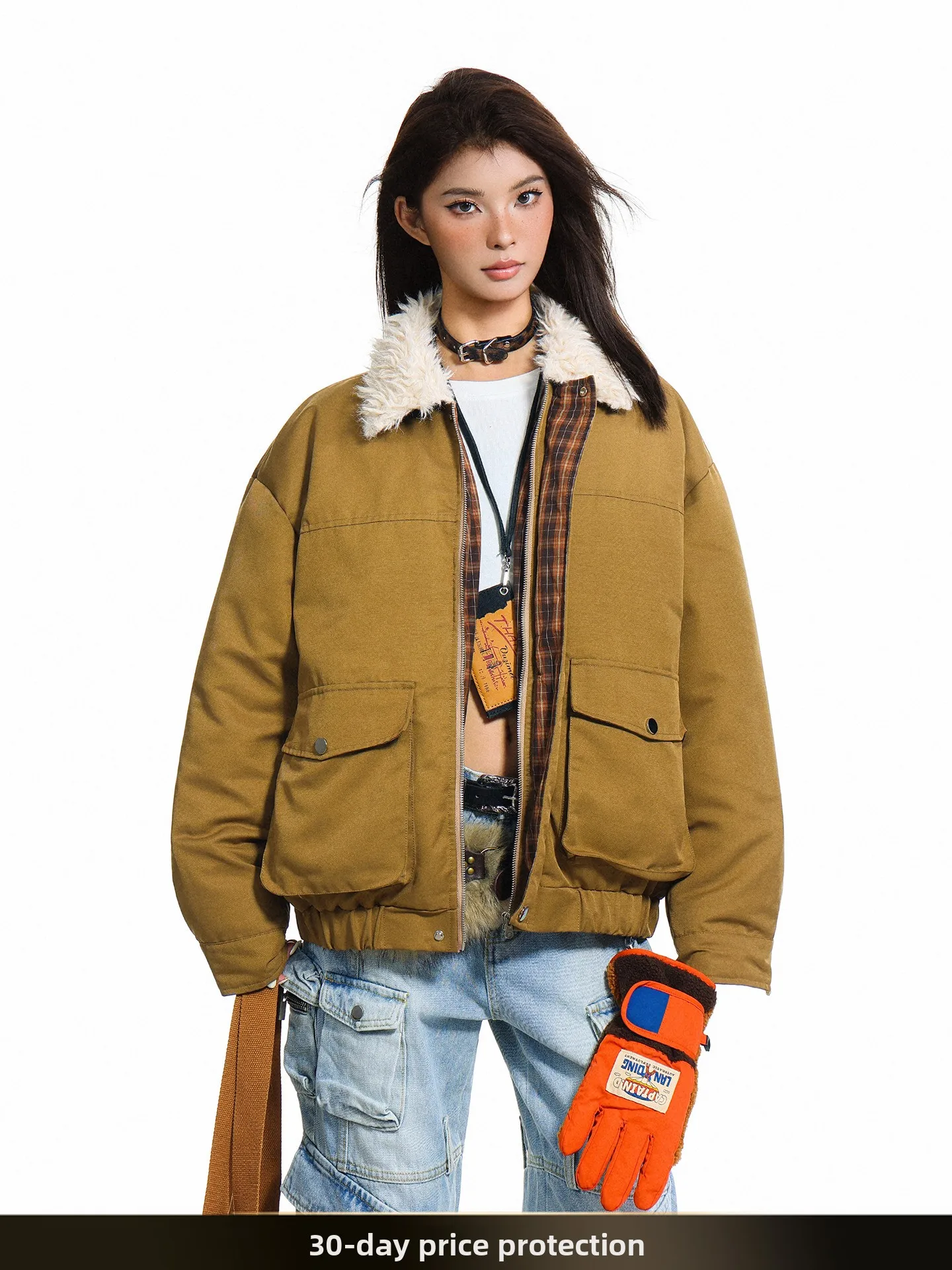 

Nted American Retro Color Blo Plaid Fur Collar Jaet Thiened Winter Outdoor Warm Couple Cotton Coat Youth Casual ort Z...