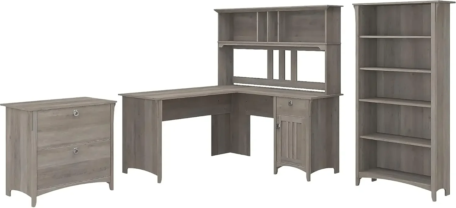 60W L Shaped Desk with Hutch, Lateral File Cabinet and 5 Shelf Bookcase in Driftwood Gray