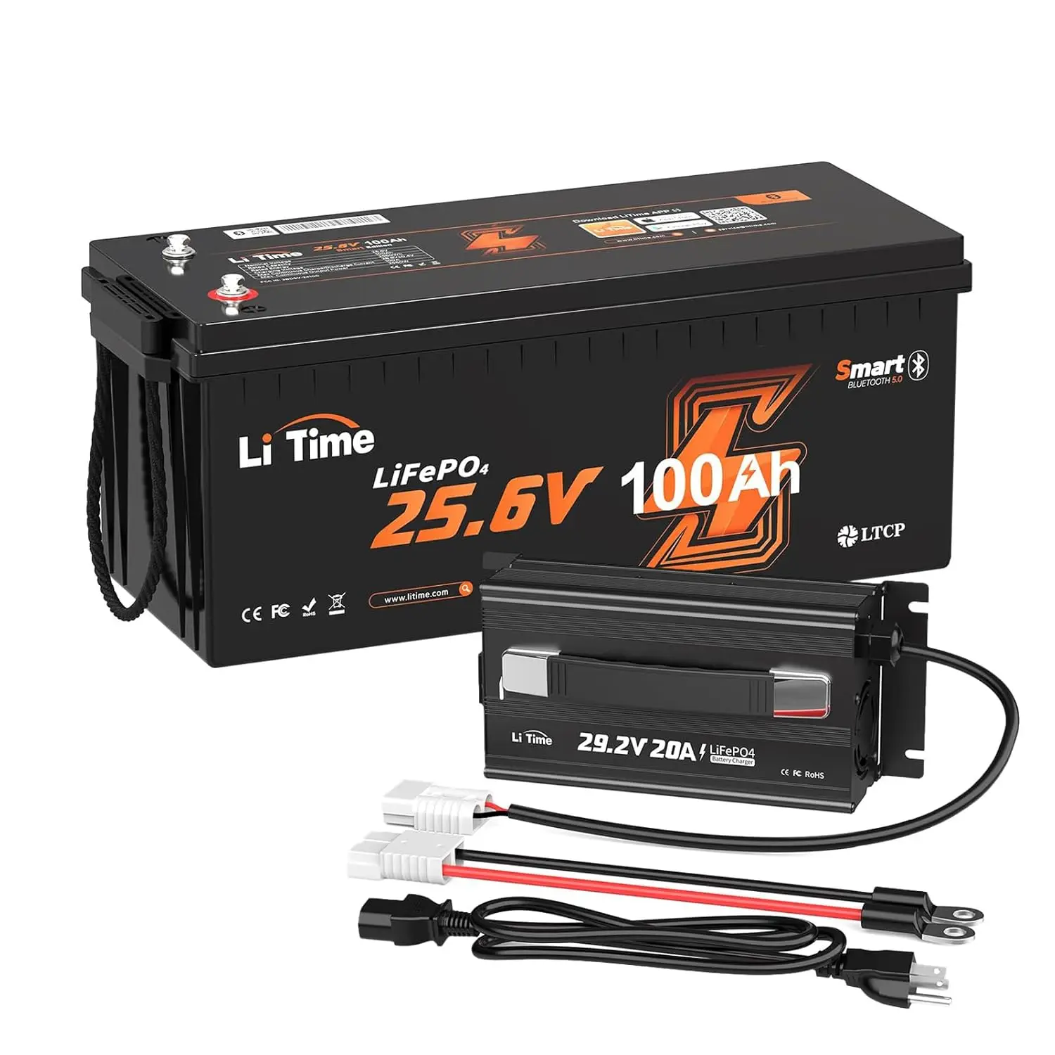 

24V 100Ah Bluetooth LiFePO4 Lithium Battery with 29.2V 20A Charger, Built-in 100A BMS, Low-Temp Protection, 4000+, Custom