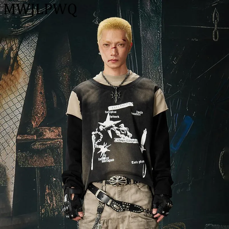 

MWJLPWQ Men's New Faux Three-Piece Layered T-Shirt Washed Distressed Vintage Print Long-Sleeve Casual Top 2026 Spring Tide 13557