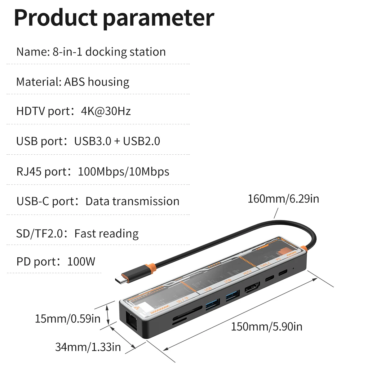 8 In1 Transparent USB-C Docking Station HDMI Adapter with HDTV,USB3.0/2.0,PD Charging ,SD/TF2.0,RJ45100M Ports for Mac iPad DELL