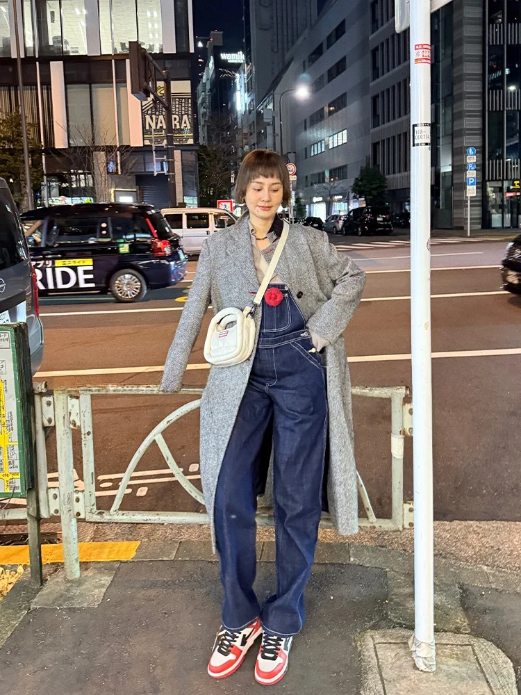 

Женские джинсовые комбинезоны WinnieTang из плотного денима с прямыми штанинами и карманами, весенне-осенние, повседневные, модные