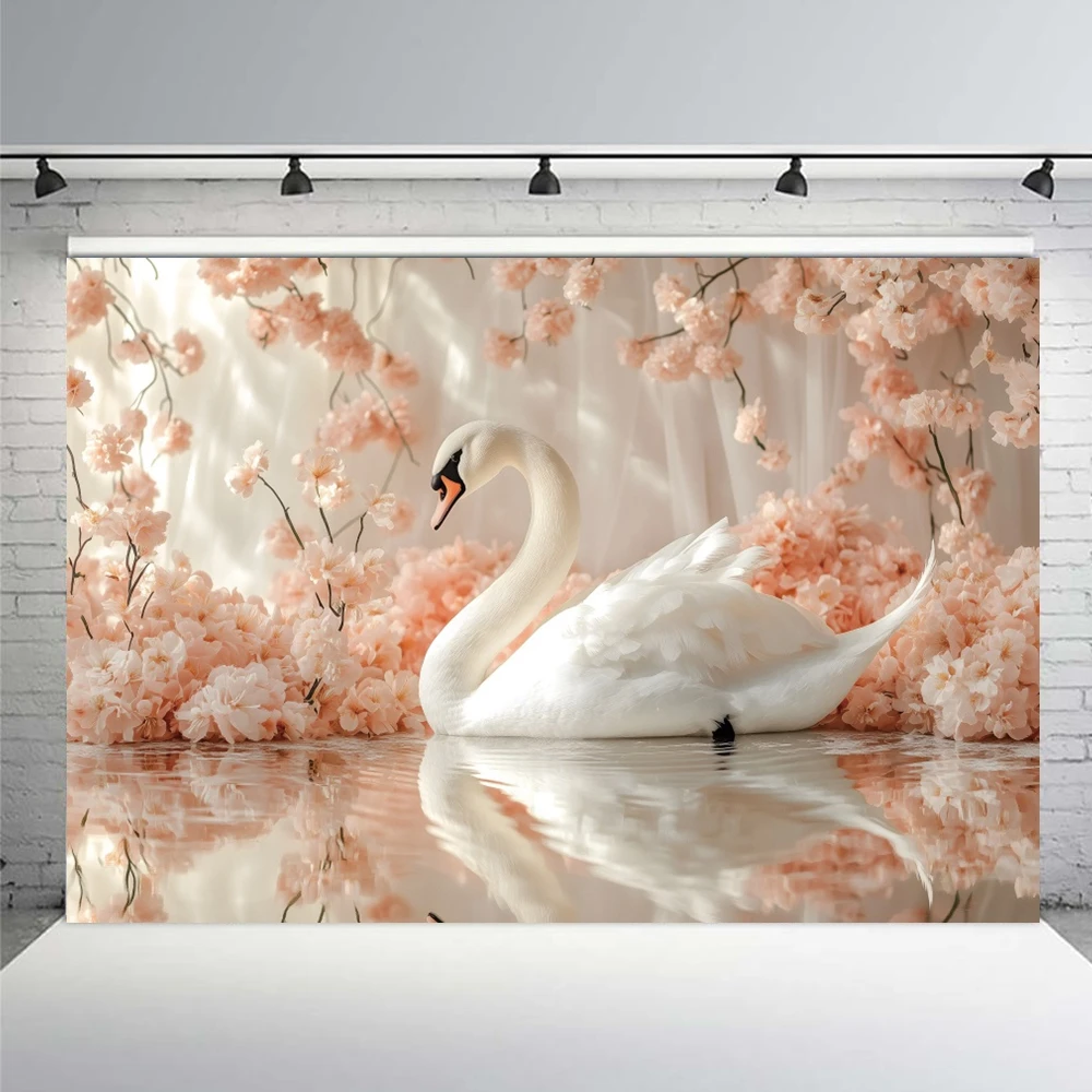 الزهور الوردية البجعات البيضاء Frolicking خلفية الربيع نهر المشهد الطبيعي استحمام الطفل الفتيات 1st حفلة عيد ميلاد صور الدعائم