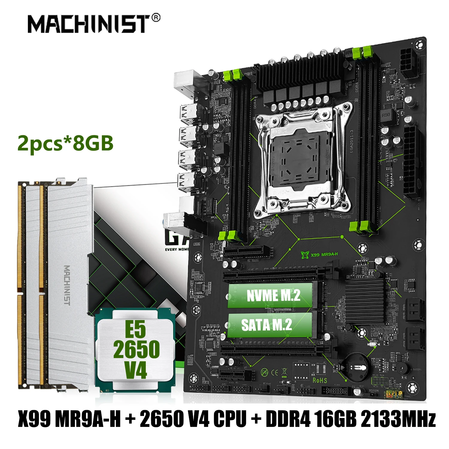 

MACHINIST X99 Motherboard Combo Kit Xeon E5 2650 V4 Processor LGA 2011-3 CPU with 16GB DDR4 RAM Memory NVME M.2 SSD SATA MR9A-H