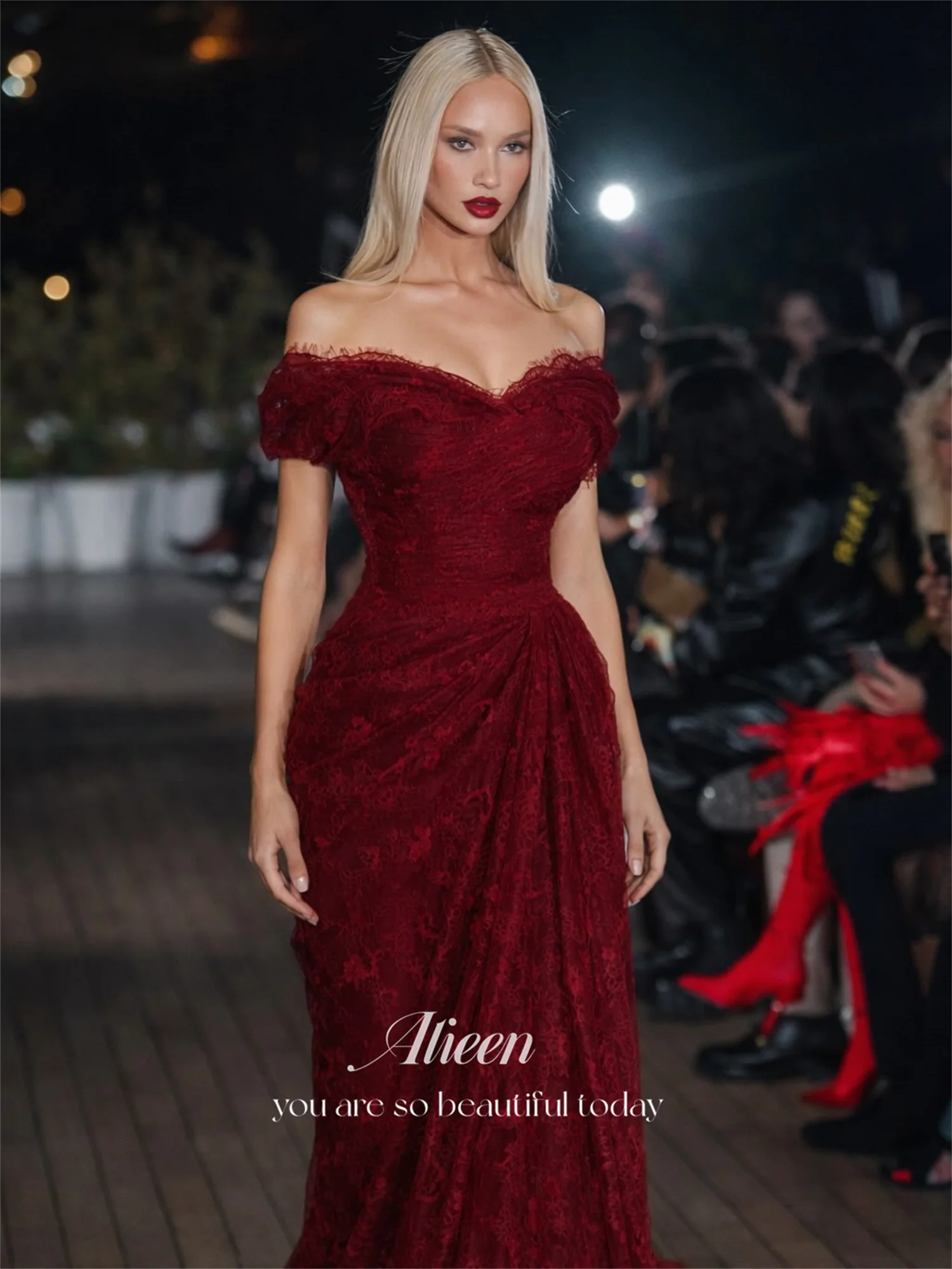 Aileen Burgundy Lace Off Shoulder Evening Dress Hot Sale Short Sleeve Mermaid Floor-Length Ruffles Formal Party Dress Customized image 2