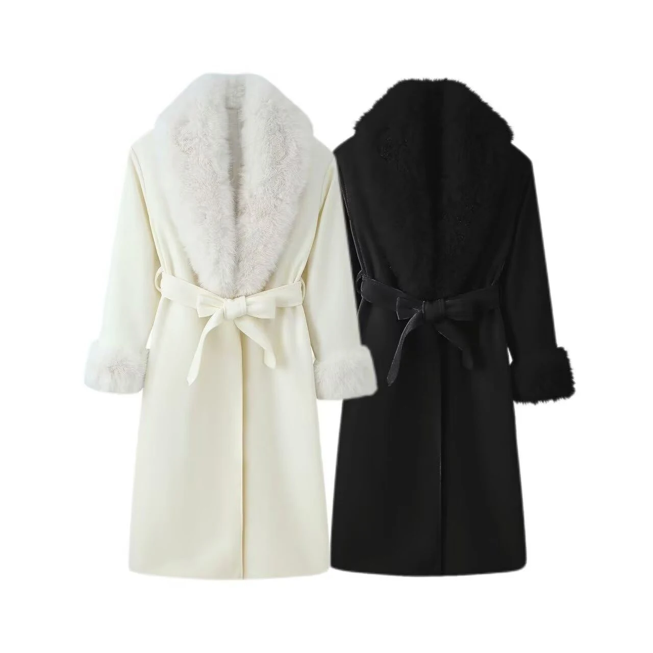 

Winter new women's clothing lazy style lapel long sleeved bow tie waist tie long woolen coat jacket