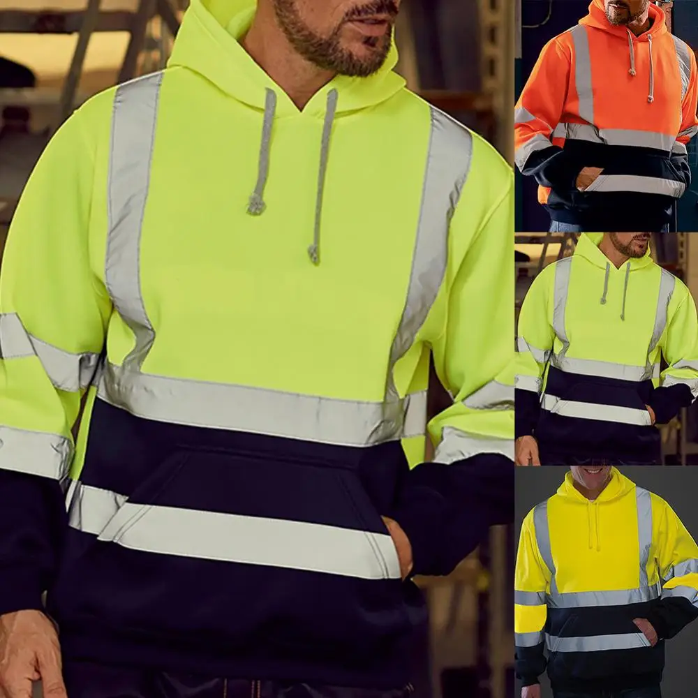 Long Sleeve Men Top Pullover Hoodie Sweatshirt Reflective High Visibility Coat