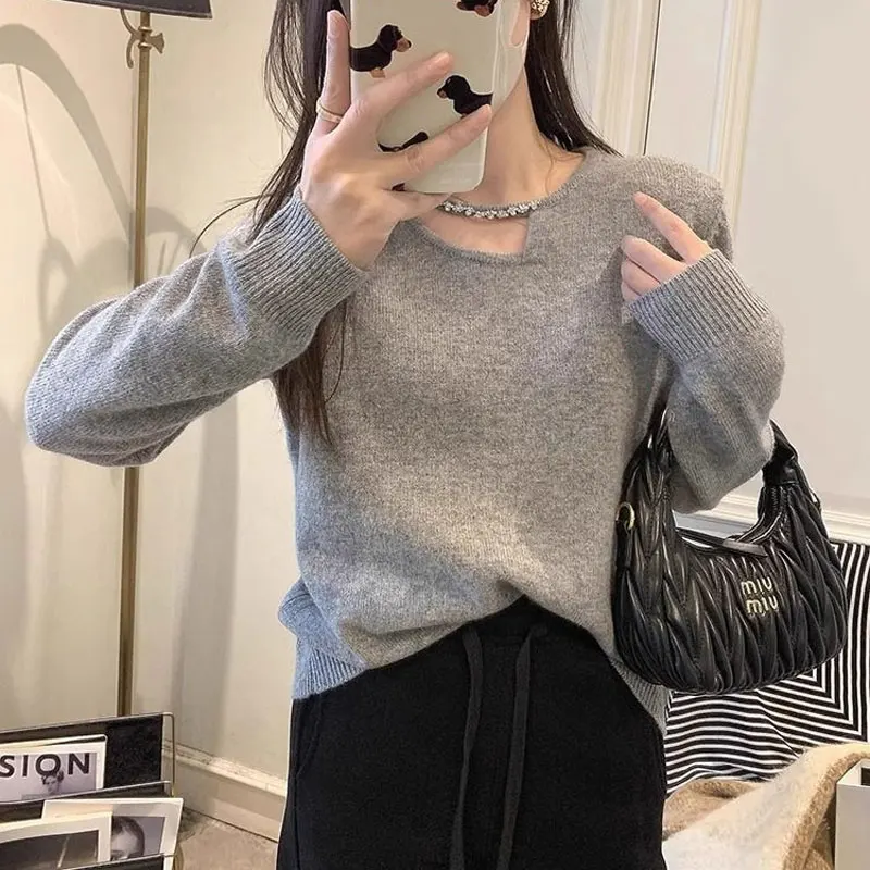 

French Style Hollow Out Jumpers Knitted Autumn Winter Solid Color Female Clothing Stylish Diamonds Casual Round Neck Sweaters