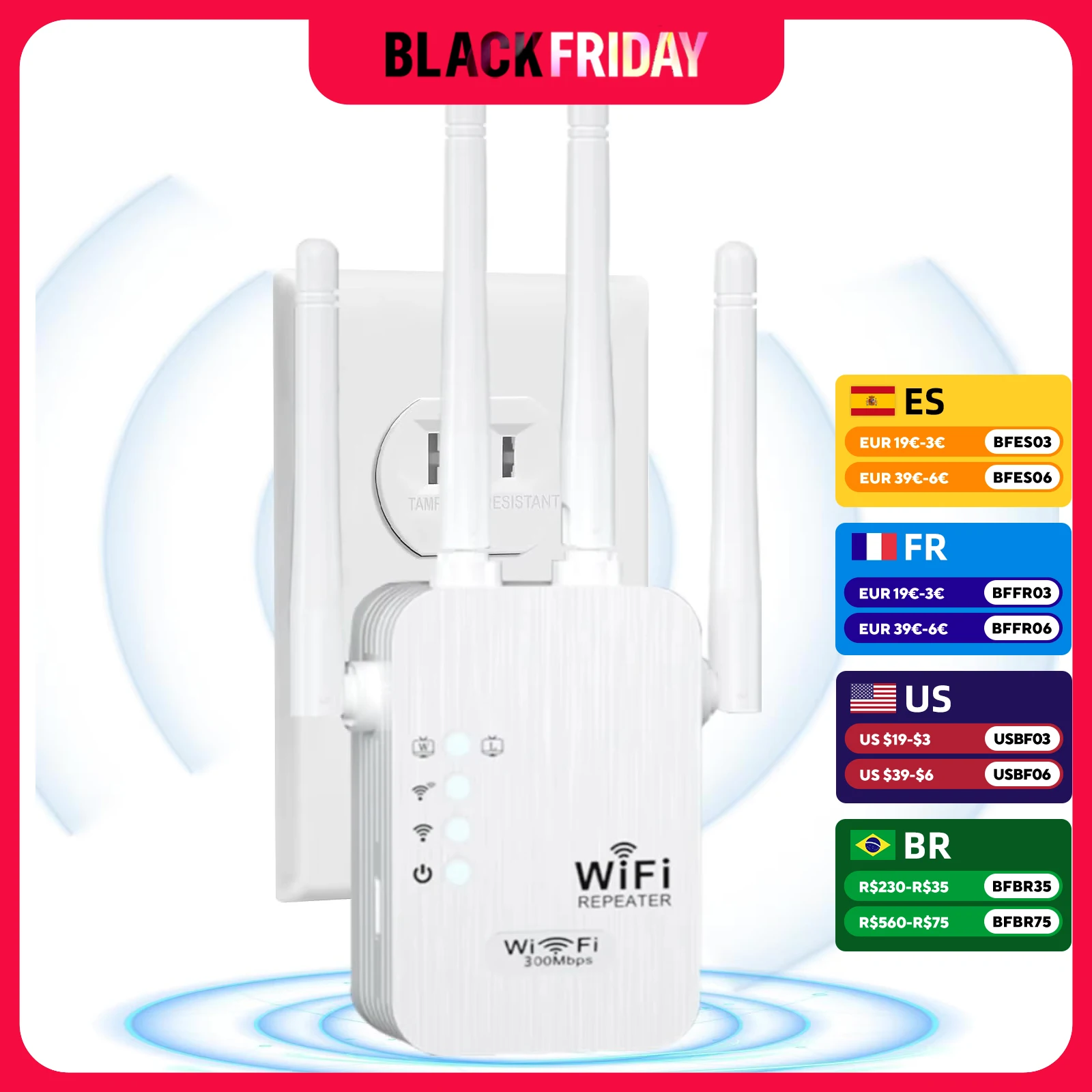 Ripetitore wireless 300Mbps per la casa Potente 4 antenne Ripetitore WiFi 2.4GHz 802.11 BB Ripetitore di segnale extender Wi-Fi