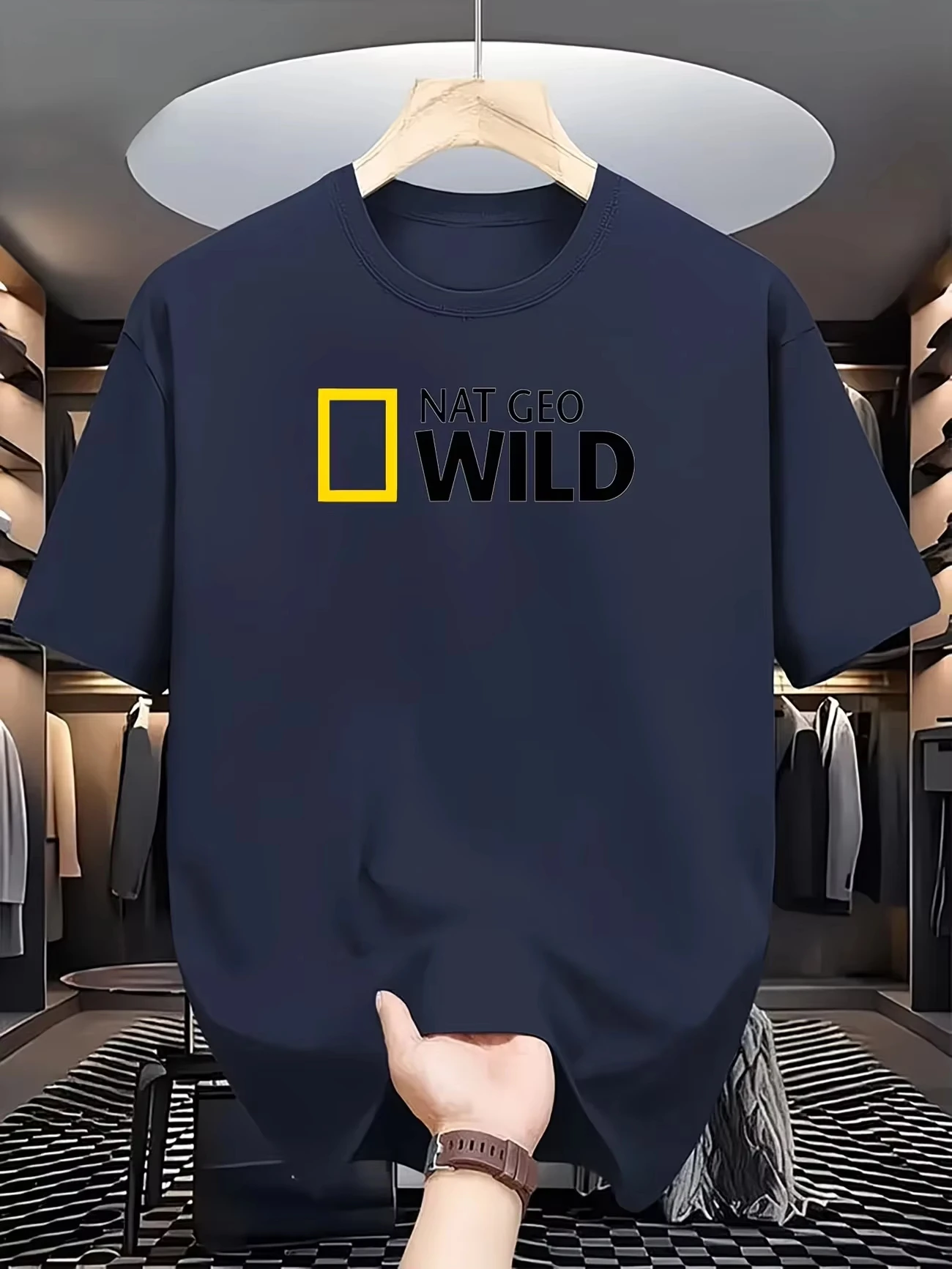Men Outdoor Casual T-Shirt Yellow Rectangle Frame Wild Text Front Print Crew Neck Short Sleeve Tops Navy White