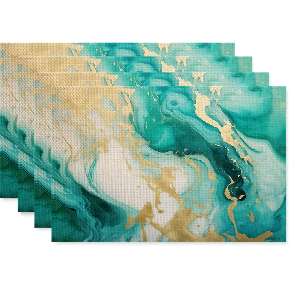 Teal Blue Gold Agate Marble Linen Placemats Heat Resistant Mats For Luxury Coastal Style Holiday Dinner Table Arrangement
