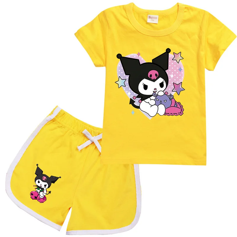 Kuromi Kinderen T-Shirt Zomer Hello Kitty Kinderen Cartoon Casual Korte Mouwen T-Shirt Set Mannelijke Baby Kleding Meisje Kleding