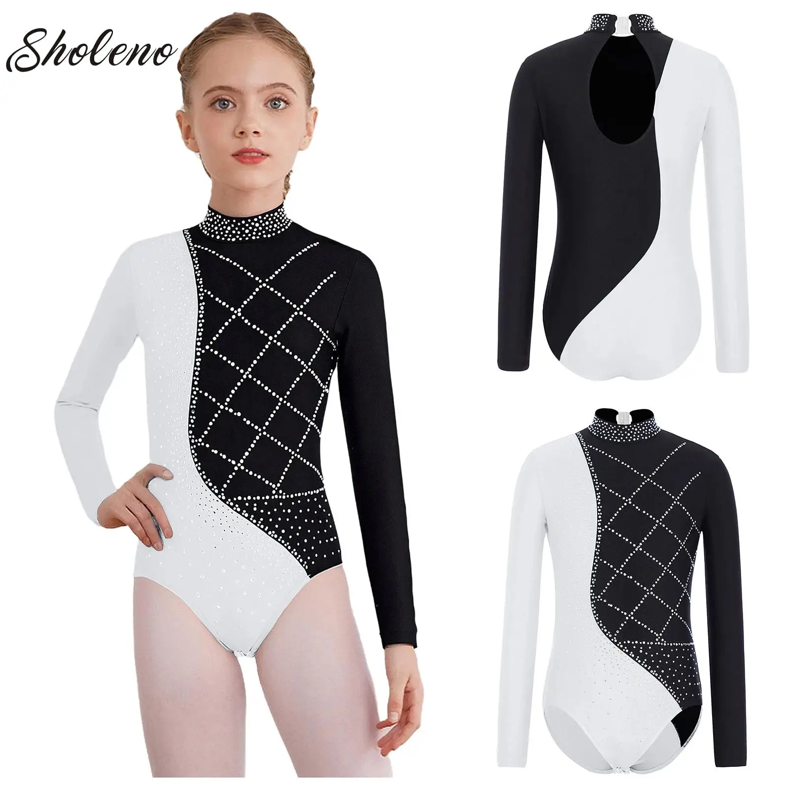 

Балетные гимнастические трико для девочек, детский боди для художественной гимнастики, блестящие стразы, контрастный костюм для фигурного катания на коньках