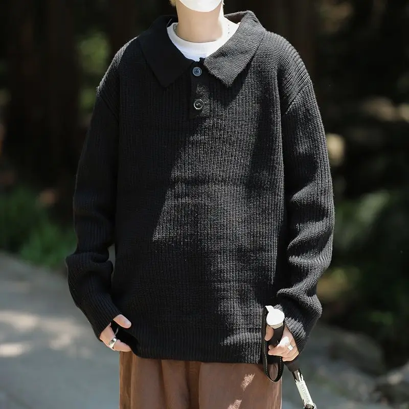 

Loose Long Sve Men's Knitted Sweater Pure Color Collar Winter Faion Casual Top Coat Polyester Fiber Soft Regular Fit