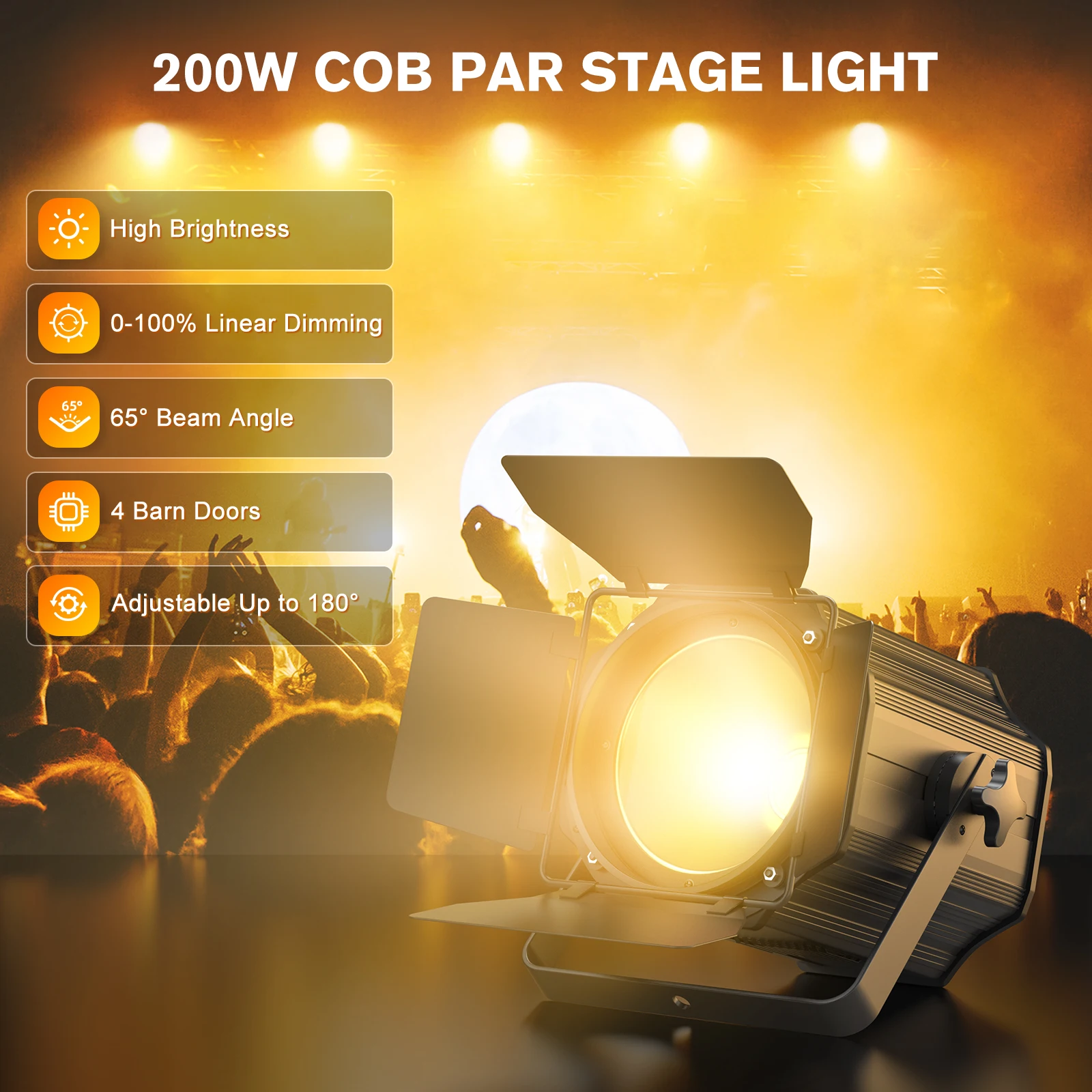Fieryzeal 2PCS 200W COB Par Light with Barn Door DMX512 Linear Spotlight Warm&Cold White Stage Light for DJ Club Party Concert