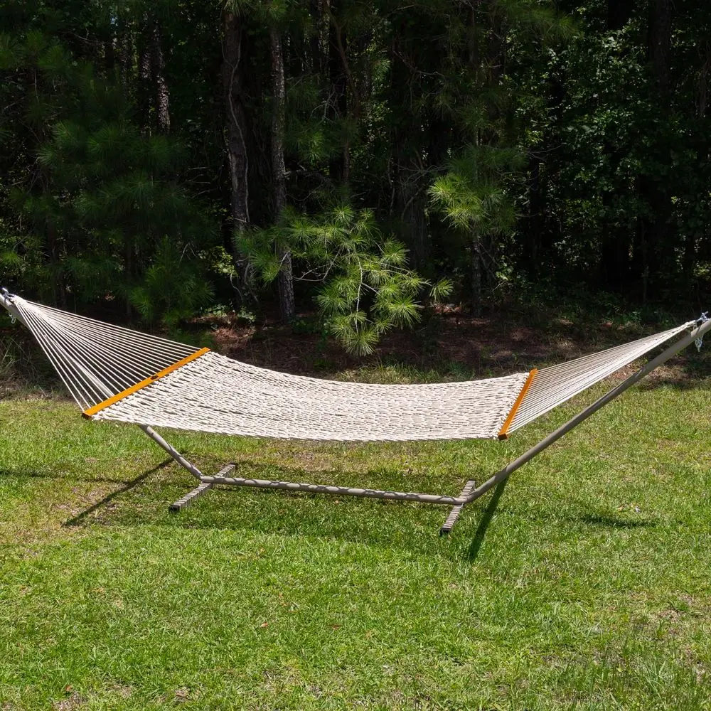Deluxe Oatmeal DuraCord Rope Hammock 13 ft. x 60 in., 2Person, 450 lb Capacity, Oak Spreader Bar, ZincPlated Hardware, Handcraf