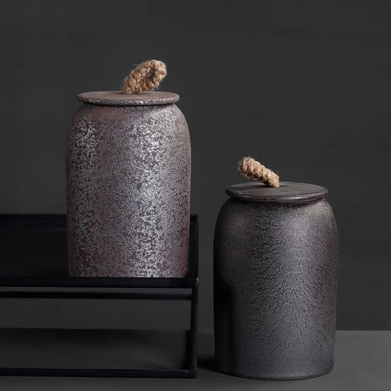 

15.5X10X10CM Vintage ceramic tea can Coarse sealed jar Dried fruits/candies/snack sealed box Large ceramic with lid