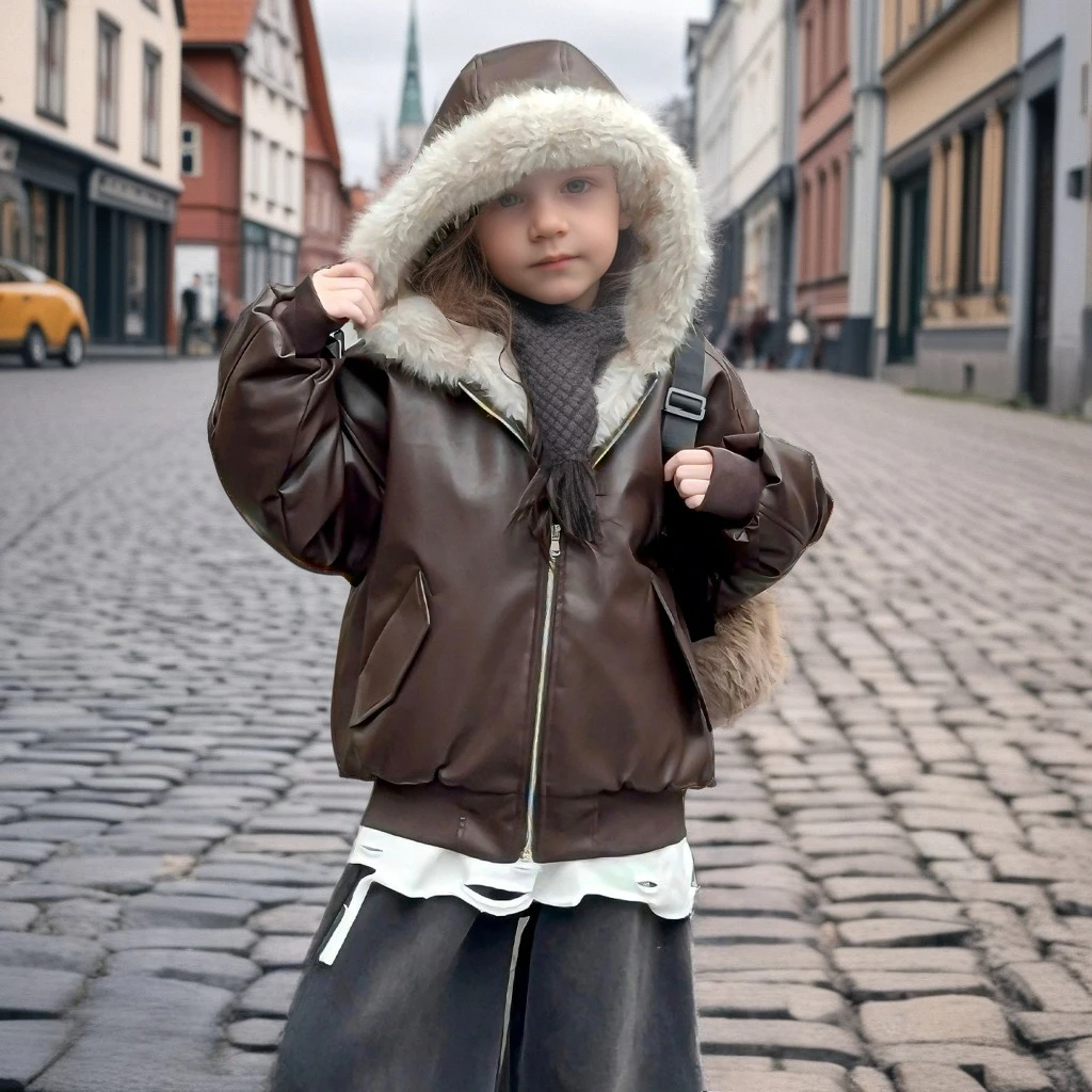 

Winter Girls Faux Leather Jacket Fleece Hooded Coat Thicken Warm PU Leather Jacket for Teens Casual All-match Tops Outerwear