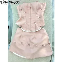 Summer Pink Sweet Girl Heart Bow Tube Top and Mini Skirt Suit Women's Clothing Design Chic Unique Two Piece Set Outfits