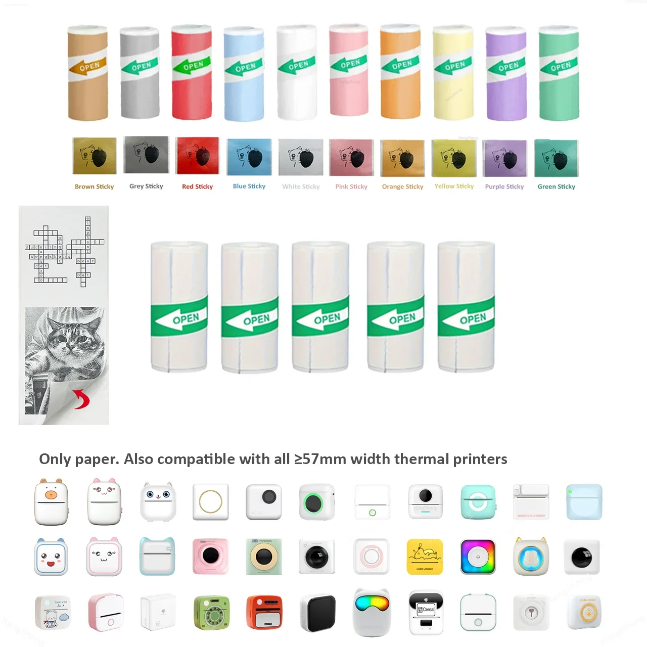 Mini impresora de papel de 57x25mm, etiqueta adhesiva térmica, foto en Color, papel autoadhesivo blanco para Mini impresora móvil de bolsillo portátil