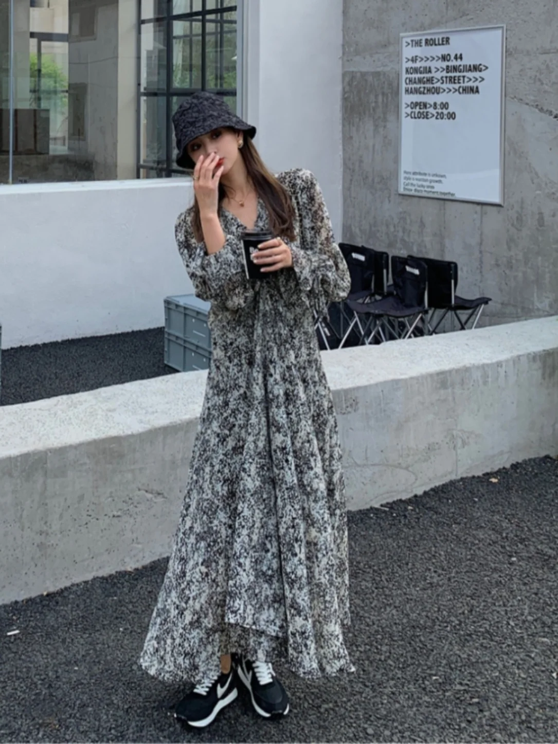 

plus Size Floral V-Ne Chiffon Dr Women's Autumn New Slimming Personali Dyeing Long Skirt Korean Sle Commute Wind