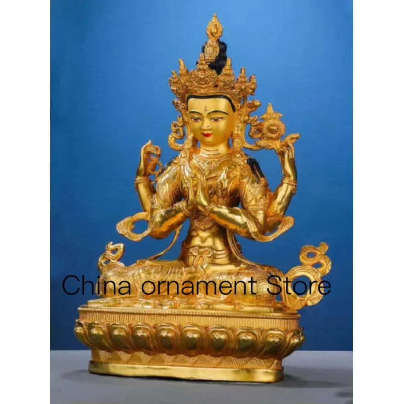 12-Inch Genuine Tibetan Gold-Plated Bronze Chenrezig Guanyin 4-Arm Armed Guanyin Statue