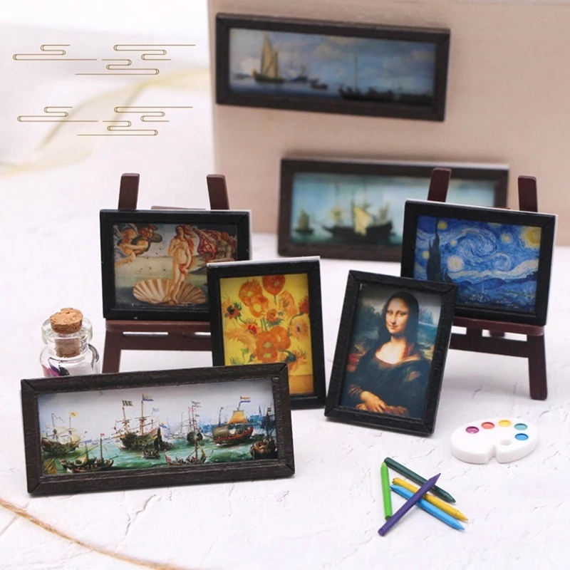 8Pcs/set 1:12 Dollhouse Miniature Oil Painting Mural Photo Wall Picture Model Furniture Scene For Doll House Decor Kids Toys