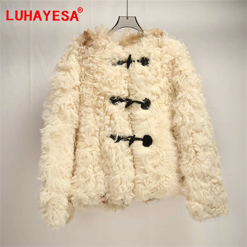 2024 Tuscany Sheepskin Lamb Fur Shearling Coat Women Winter Fashion Purple Real Fur Coat Genuine Fur Outfits