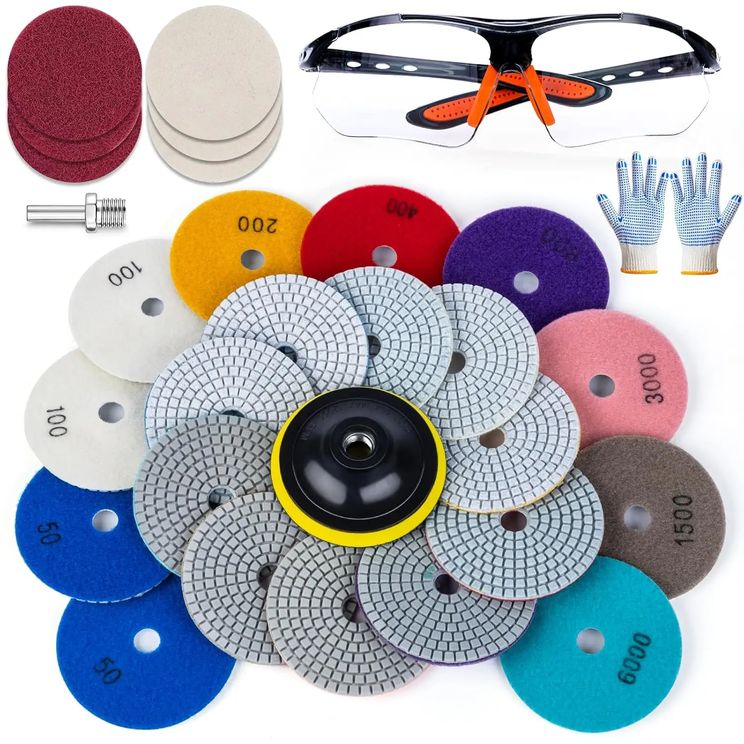 

20-Pack 4' Diamond Polishing Pads, 50-6000 Grit, Wet/Dry for Marble, Concrete, Quartz, Stone, Tile – Includes 5/8''-11 Backer &