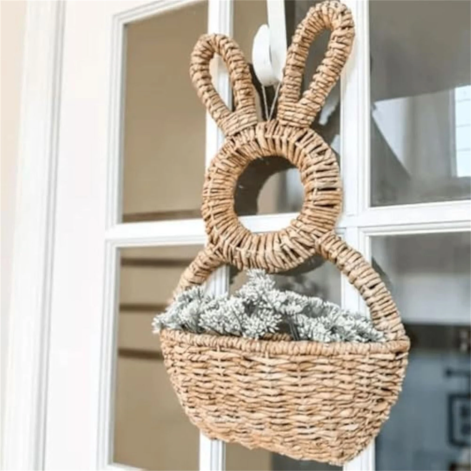 

Wall Hanging Bunny Basket Decor Woven Rabbit Statue Spring Wreath for Flowers Easter Eggs Gifts