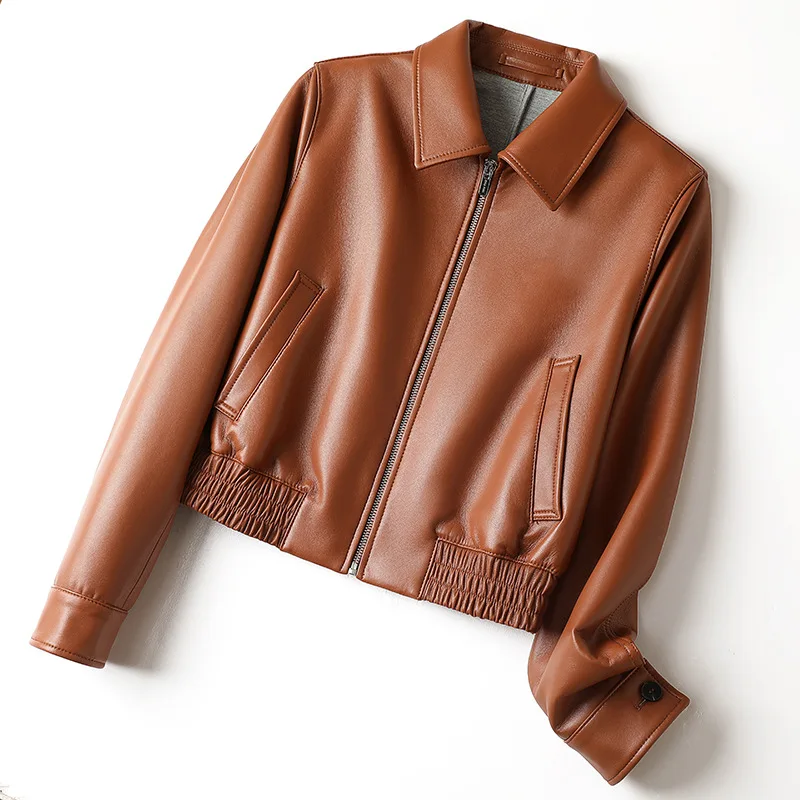 Mode Braun 100% Echtes Leder Jacken Frauen Herbst Winter Revers Zipper Kurze Schaffell Langarm Elastische Taille Jacke Mäntel