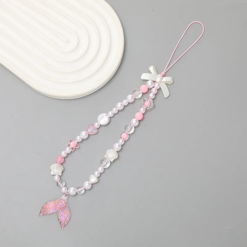 Cute Crystal Bow Mobile Phone Lanyard DIY Handmade Beads Phone Strap Chain Pendant Earphone Case Hanging Rope Cellphone Pendant