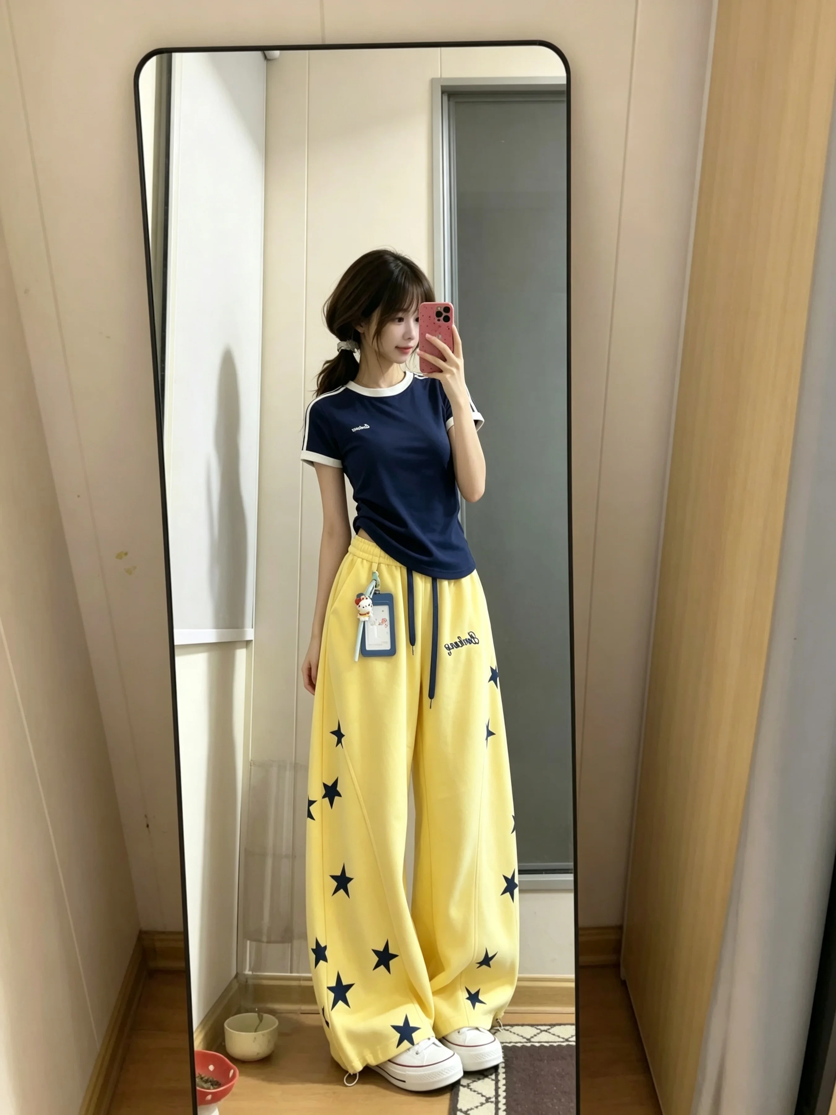 Dopamine Yellow Star Women's Sport Pants High Waist Wide Leg Pants Jazz Dance Trousers American High Street Style Summer Casu...