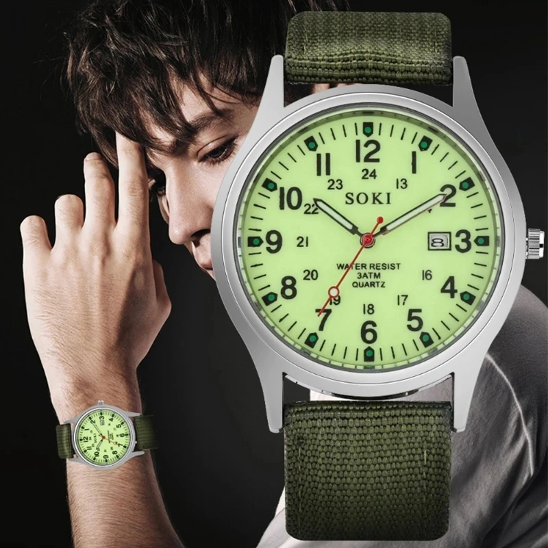 High-grade Men Watch SOKI Brand Canvas Calendar Quartz Watch Nylon Strap Male Sports Military Casual Wristwatch Horloge Clock