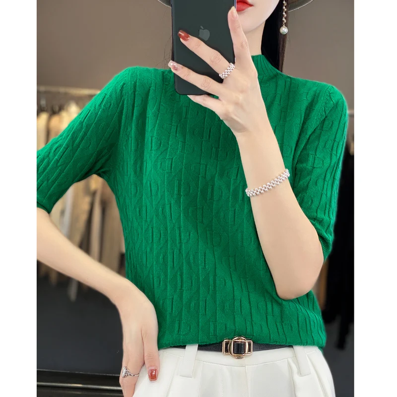 

2023 Spring Half High Collar Short Sleeve European Worsted Cashmere Sweater Pullover Women's Cashmere Short Sleeve Sweater Short