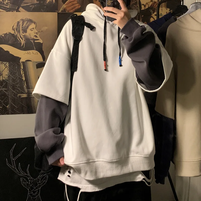 Hooded Sweatshirts Patchwork Fake Two Piece Pullover Top Student Oversized Hooded Korean Fashion High Street Hip Hop Men Clothes