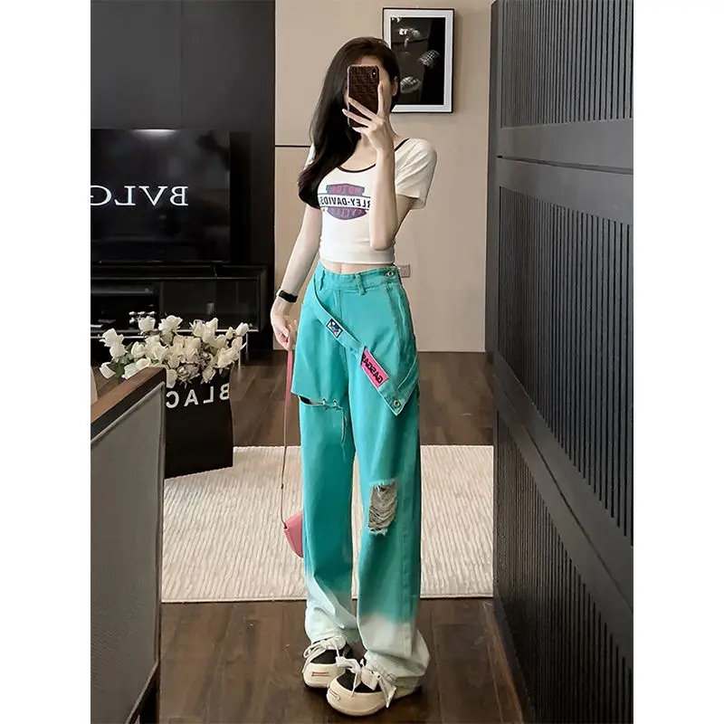 Street Style Age-reducing Western-style Denim Wide-leg Pants for Women with Gradient Trousers